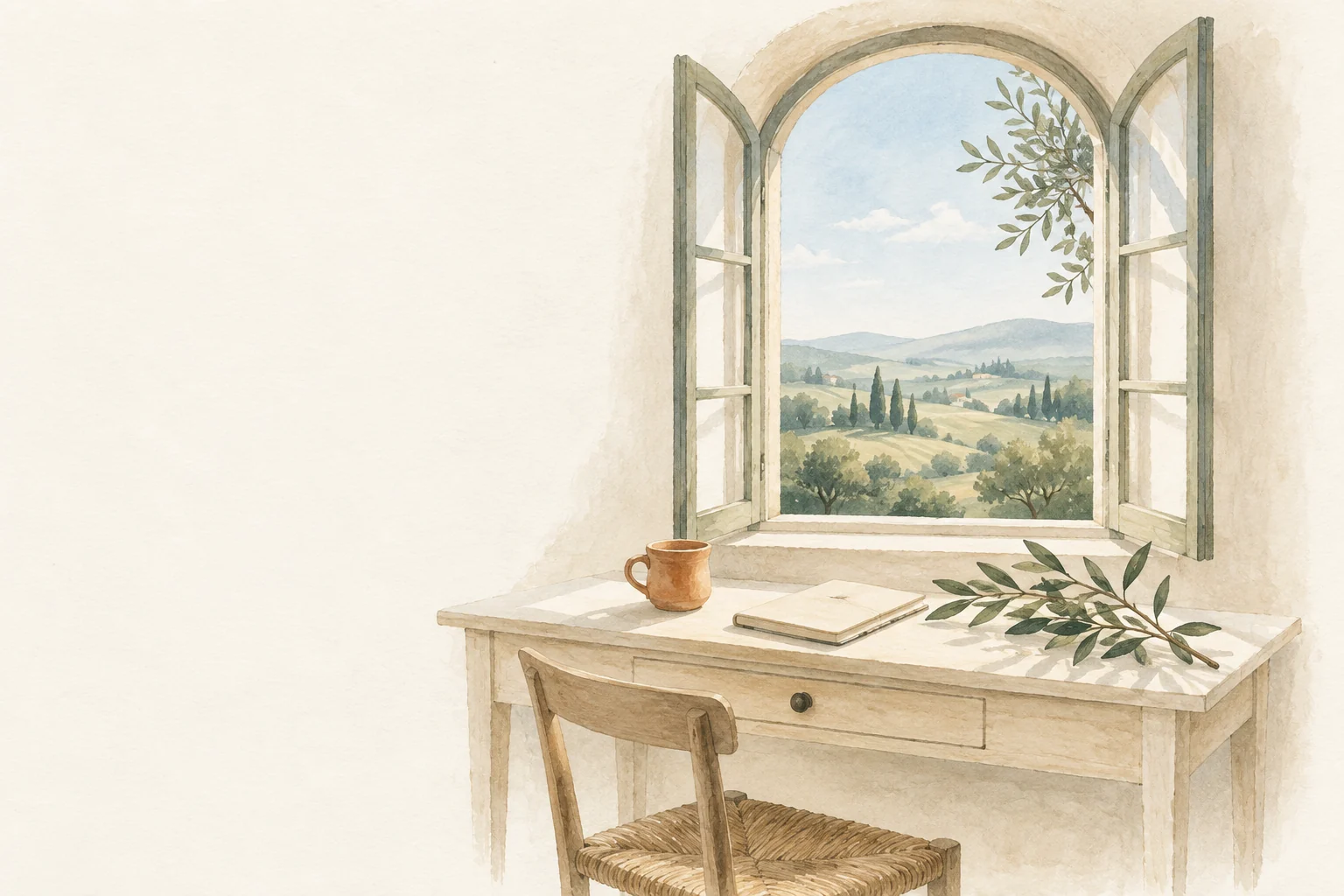 An open notebook and a terracotta mug by a sunlit window overlooking quiet green hills.